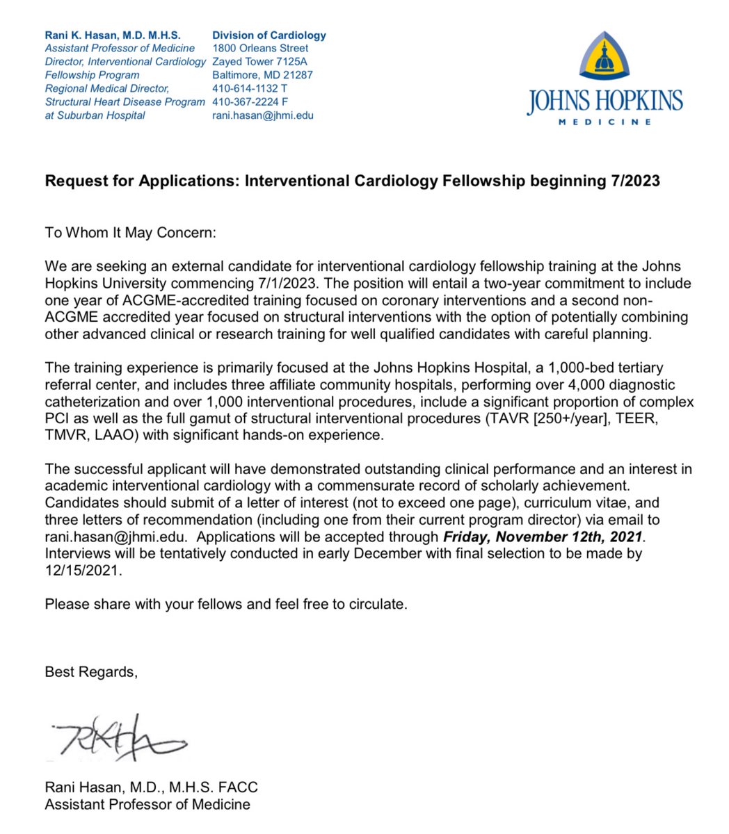 Johns Hopkins Cardiology (@hopkinsheart) on Twitter photo 📢<a href="/hopkinsheart/">Johns Hopkins Cardiology</a> is seeking candidates for Interventional/Structural Cardiology starting (7/1/2023)‼️
✔️2 year fellowship (IC/Structural)
✔️Complex PCI, TAVR, TEER, TMVR, LAAO…
Apps open through Fri 11/12/21
Send applications to <a href="/RaniKHasan/">Rani Hasan</a> by 📧 rani.hasan@jhmi.edu 📢<a href="/hopkinsheart/">Johns Hopkins Cardiology</a> is seeking candidates for Interventional/Structural Cardiology starting (7/1/2023)‼️
✔️2 year fellowship (IC/Structural)
✔️Complex PCI, TAVR, TEER, TMVR, LAAO…
Apps open through Fri 11/12/21
Send applications to <a href="/RaniKHasan/">Rani Hasan</a> by 📧 rani.hasan@jhmi.edu