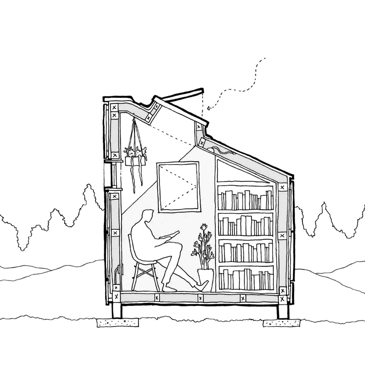Tiny Cabin Section - Zean Macfarlane

#tinyliving #havearead #read #readabook #lowheadheight #nest #nestingspace #inspiration #inspire #cabin #tinyhome #tinyhomes #section #architecturaldrawing #architecture #architect #smallspaces #art #illustration #zeanmacfarlane