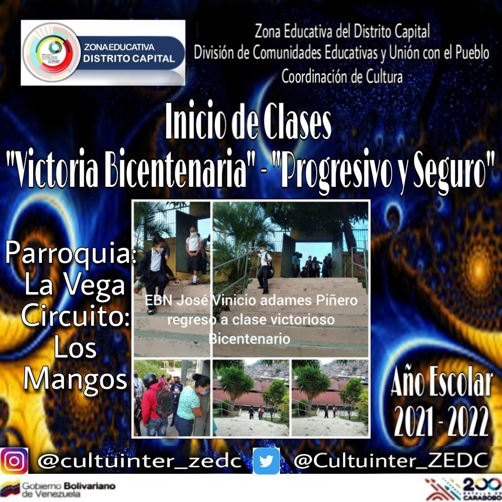Cultuinter_ZEDC's tweet photo. #25Oct
#CoordinaciondeCulturaZEDC
Inicio de Clases
"Victoria Bicentenaria" - "Progresivo y Seguro".
@nicolasmaduro @MPPEDUCACION
@_LaAvanzadora @ZonaEducativaDC
@gracielamarilis @DGCE_MPPE
@MPPE_VCEUP
#GobiernoBolivariano #RegresoAClasesSeguro #Prevencion #ContraElCoronavirus https://t.co/DMWPI5E3jS