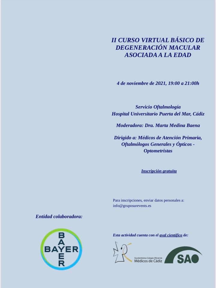 SAOftalmología (@saooftalmologia) on Twitter photo Un placer participar en el II Curso Virtual Básico de Degeneración Macular Asociada a la Edad (DMAE), con el Servicio de Oftalmología del H. U. Puerta del Mar y el <a href="/ecomcadiz/">Colegio Médico Cádiz</a>, y con la moderación de la Dra. Marta Medina.
Consulta el programa e inscríbete ya de forma gratuita. Un placer participar en el II Curso Virtual Básico de Degeneración Macular Asociada a la Edad (DMAE), con el Servicio de Oftalmología del H. U. Puerta del Mar y el <a href="/ecomcadiz/">Colegio Médico Cádiz</a>, y con la moderación de la Dra. Marta Medina.
Consulta el programa e inscríbete ya de forma gratuita.