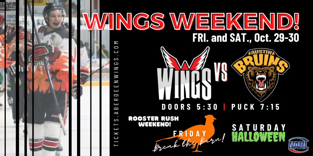AberdeenWings's tweet photo. Who's ready for more Wings hockey?! We've got a lot of fun things happening this weekend at the #Odde! 

#WingsWay #TheOddeIsThePlaceToBe #RoosterRush #BustTheBarn 

Story >>> https://t.co/JYo1y0k4O3 https://t.co/qS8N35Hp99