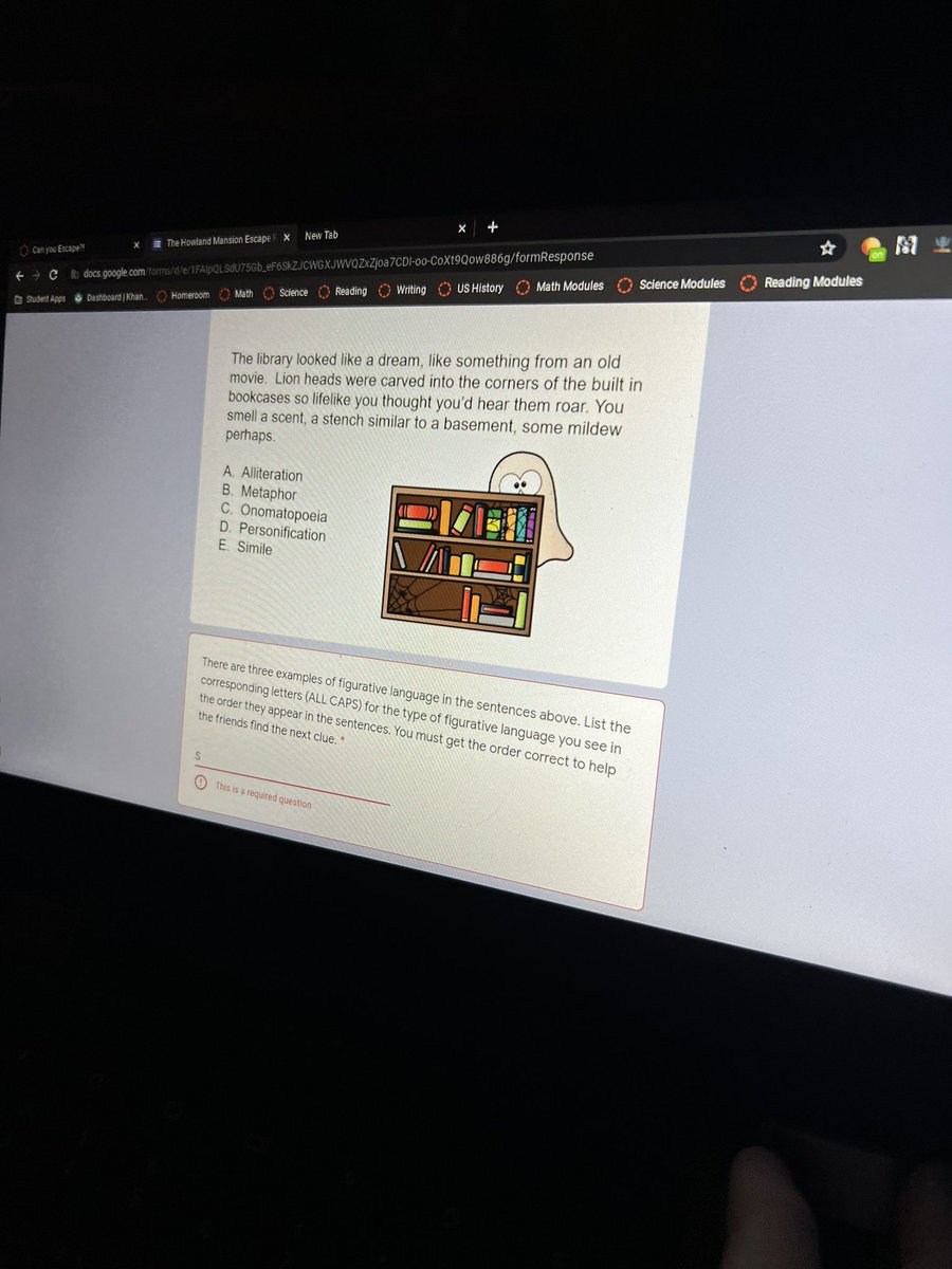 LizMcdorman's tweet photo. Enter my haunted house if you DARE. No lights, creepy music, and misty importantly learning. Reviewing our literary skills with an escape room. #highrigor #highengagement #collaboration #inference #context #figurativelanguage https://t.co/imXfaiHDf5