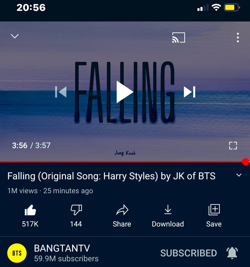 Akanksha1881996's tweet photo. Isn’t it the Fastest to reach 1M in just 30 mins??? #JUNGKOOK #JeonJungKook #StreamForJungkook #falling #HarryStyles #HarryStyles #JK #정국 #fallingcover #JungkookBTS #surprise #Bangtan @BTS_twt https://t.co/D03FLjVKlL