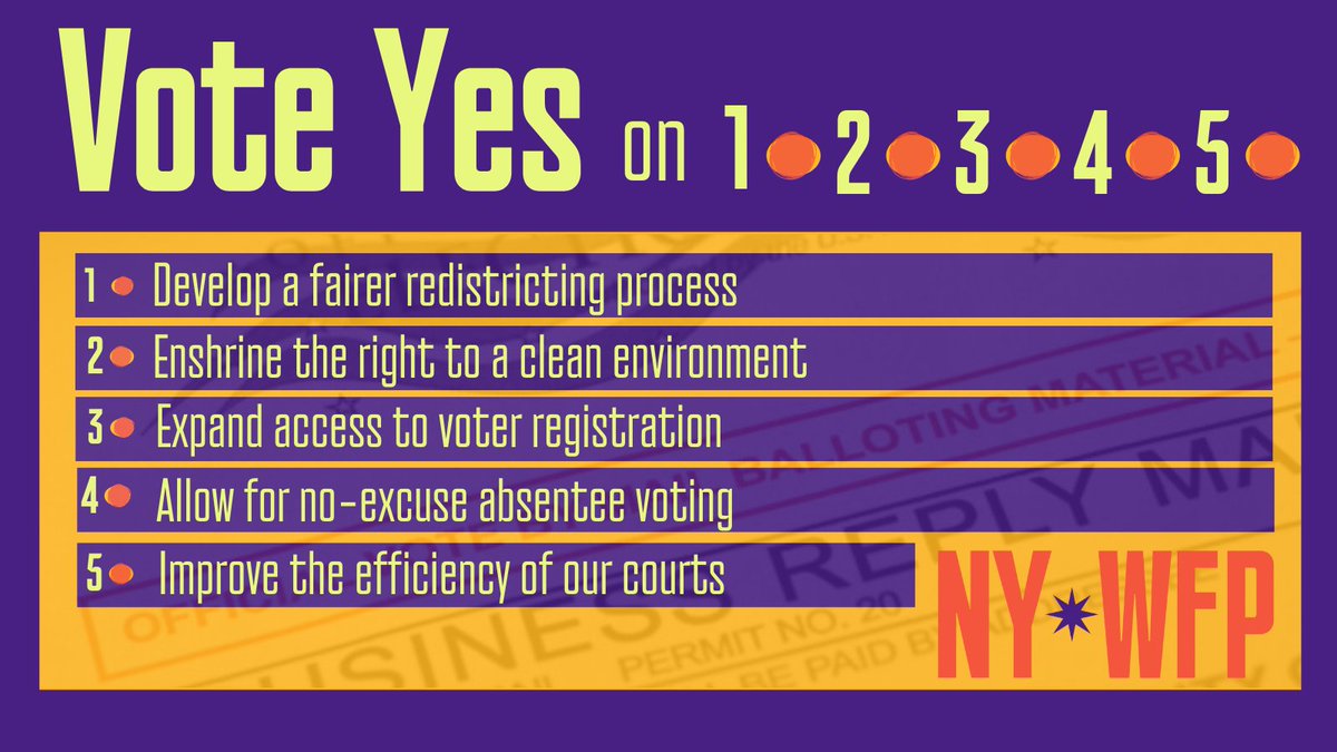 NYWFP's tweet image. This year there will be five proposals on your ballot. We urge New Yorkers to vote YES on all five. 🗳️