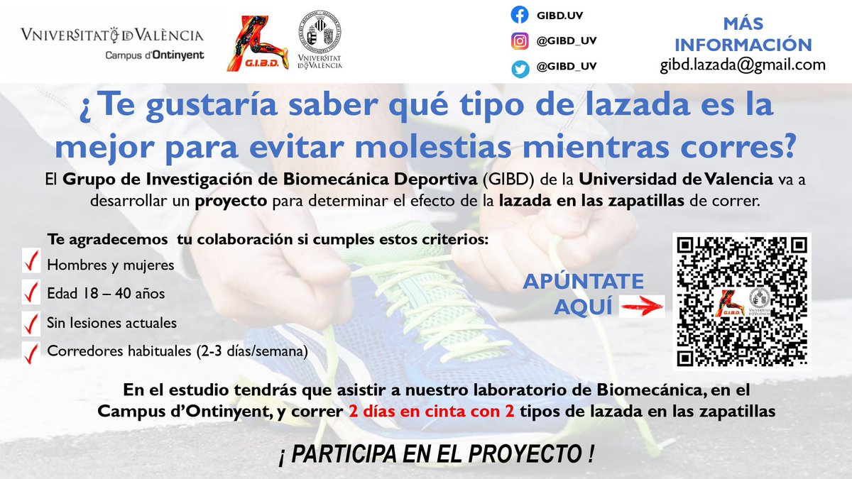 GIBD_UV (@gibd_uv) on Twitter photo 🔎NUEVO PROYECTO🔍
📍 Laboratorio del <a href="/campusontinyent/">campusontinyent</a>
¿Eres corredor/a? 🏃♂️🏃♀️
Buscamos a gente como tú para determinar el efecto de la lazada en las zapatillas de correr 👟
Si estás interesado/a, inscríbete y nos pondremos en contacto contigo‼️😉👍
forms.gle/HqBZUBe9UbAXvV… 🔎NUEVO PROYECTO🔍
📍 Laboratorio del <a href="/campusontinyent/">campusontinyent</a>
¿Eres corredor/a? 🏃♂️🏃♀️
Buscamos a gente como tú para determinar el efecto de la lazada en las zapatillas de correr 👟
Si estás interesado/a, inscríbete y nos pondremos en contacto contigo‼️😉👍
forms.gle/HqBZUBe9UbAXvV…