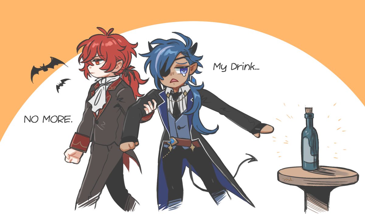 ディルック(原神) ,ガイア(原神) 「🍷🔥😈❄️ (1) #原神 #luckae 」|Elihaのイラスト
