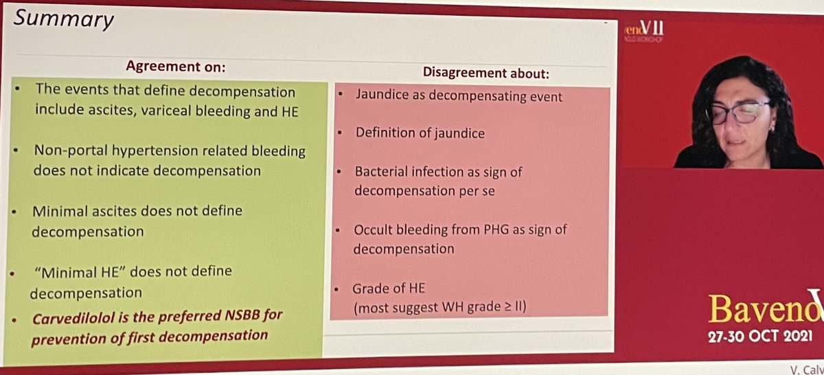 GiuffridaPaolo's tweet photo. -What defines clinical decompensation of cirrhosis? No agreements on jaundice and bacterial infections
-carvedilol is the preferred NSBB to prevent decompensation 
Great to see Prof.@Calvar1Vincenza at @BavenoVII https://t.co/6tN6cwLfu2