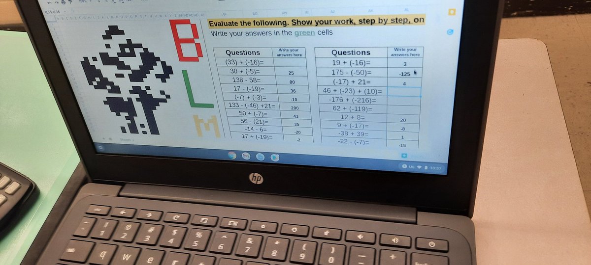 MrSimpsonMath's tweet photo. Using @knowledgehook and a pixel art activity today to see what grade 8 students remember about adding and subtracting integers. https://t.co/GXCF7inrEY