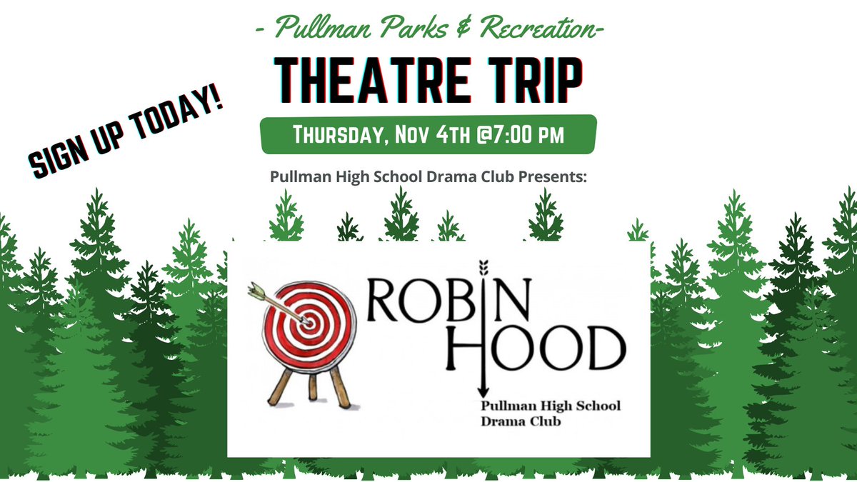 City_of_Pullman's tweet photo. Head to the theatre with Pullman Parks &amp; Recreation and enjoy hometown theatre at its finest. Active adults will love the Pullman High School Drama Club presentation of “Robin Hood”, 11/4 at 7:00 pm. Call 509-338-3307 or visit https://t.co/17YmCRg28i to register. 
#PullmanRec https://t.co/o1rrdJhrdS