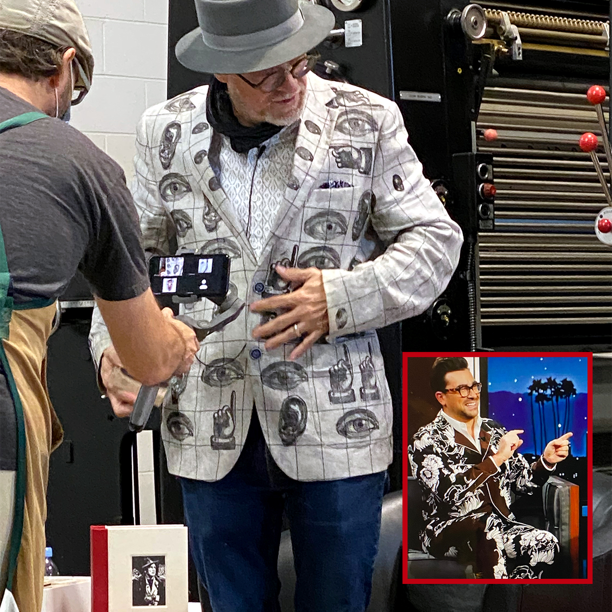 HowardIronWorks's tweet photo. No competition here - George Walker, Master Engraver & Printmaker and fashion #TrendSetter at our Print Expo 2021. Inset: photo of Dan Levy from a recent Jimmy Kimmel Show.
#SchittsCreek #JimmyKimmel #DanLevy #woodengraving #wordlessbook #MaryPickford #EugeneLevy #printingmuseum https://t.co/logpc7F1cp