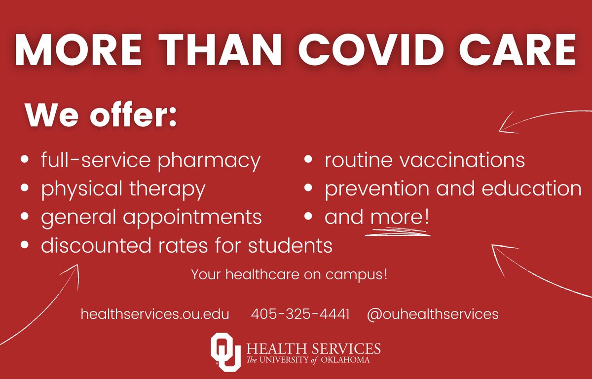 As cold and flu season approaches, we want to remind students that we provide more than just COVID care. We see patients for sick visits, wellness exams, &amp; common lab tests. We’ve recently expanded our appt options to accommodate more patients. To schedule, call 405-325-4441.