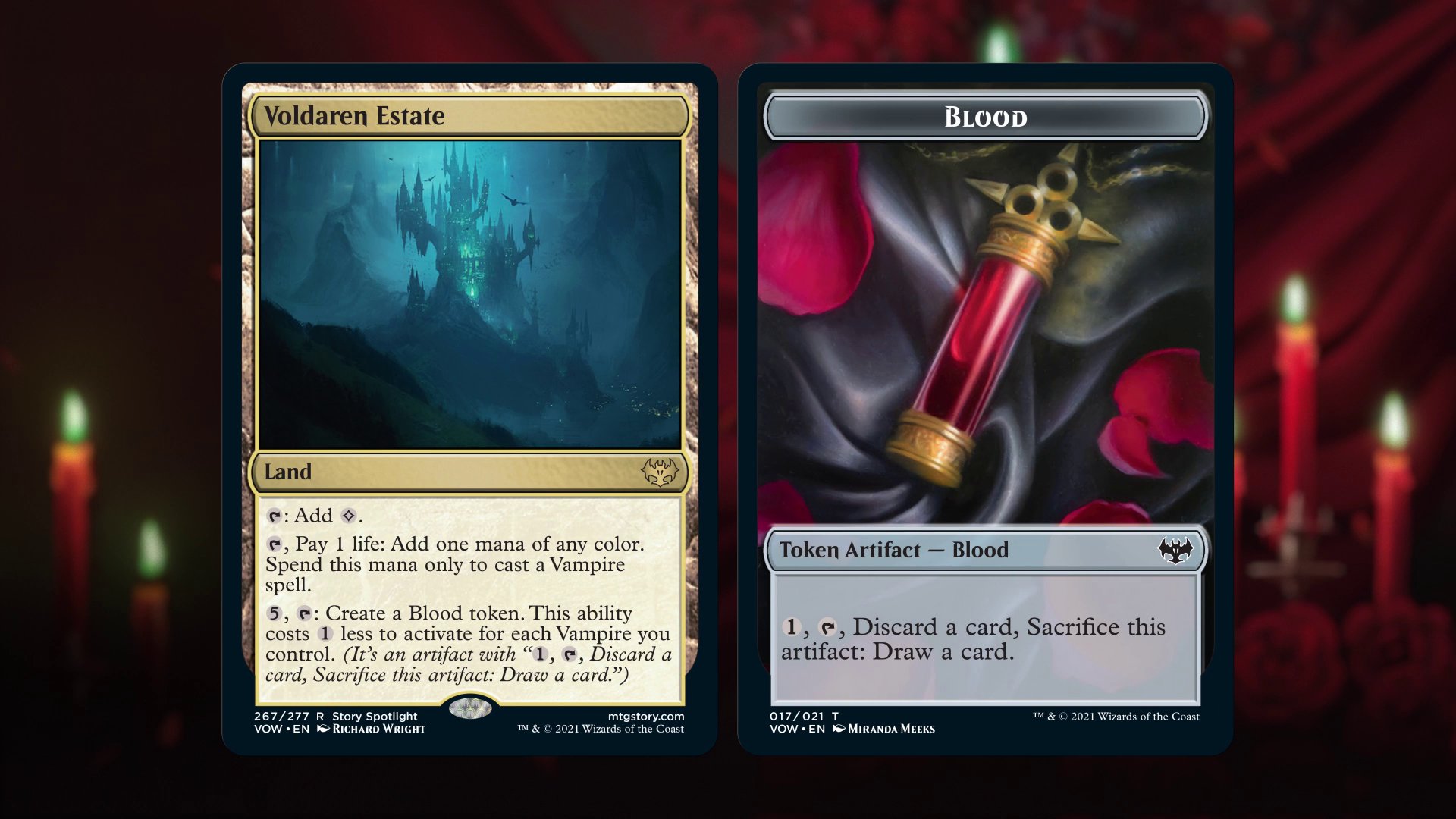 Voldaren Estate. Land. Tap to add a colorless mana. Tap and pay one life: Add a mana of any color. Spend this only to cast a vampire spell. Five generic mana and tap: Create a blood token. This costs 1 less for each vampire you control. Blood token: Artifact. Pay one, tap, discard a card, sacrifice this artifact: Draw a card.