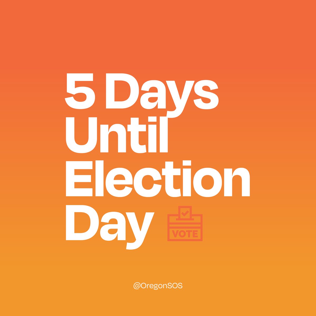 OregonSOS's tweet photo. FIVE DAYS UNTIL ELECTION DAY! #ORVotes

Is that ballot still sitting on your kitchen counter? Here’s your reminder to get that ballot in by dropping it off at a ballot box near you. 

Find a drop box near you: https://t.co/T5o0p8qcjc https://t.co/AO8DicWa5w