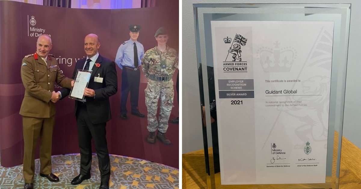 Guidant_Global's tweet photo. We're incredibly proud to receive the silver award in the Defence Employer Recognition Scheme (ERS)! The ceremony was held at the Royal Air Force Club in London last night where #TeamGuidant's Bruno Wood who is also a veteran and reserve, collected the award on behalf of Guidant. https://t.co/1TnUg0638k