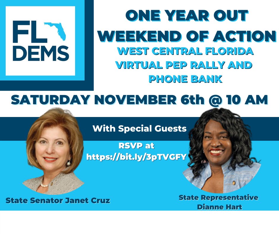 like21C139's tweet photo. JOIN US! Saturday November 6th at 10 AM on Zoom for the @FlaDems One Year Out Weekend Of Action Virtual Pep Rally and Phone Bank for the greater Tampa Bay area!
We only have one shot at defeating DeSantis AND Rubio. #FLBlueIn22 ๐ช๐๐
Sign up here: https://t.co/O0Rks28icl https://t.co/puGhZpaYgh