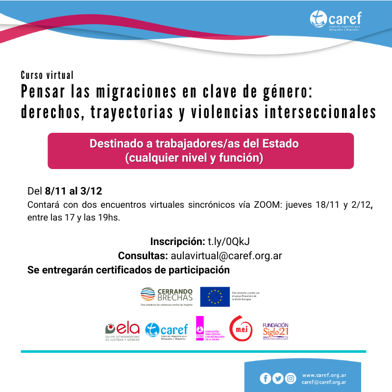 Las/os invitamos a participar del curso virtual "Pensar las migraciones en clave de género: derechos, trayectorias y violencias interseccionales", que se realiza en el marco del proyecto Cerrando Brechas II. 
Destinado a trabajadores y trabajadoras del Estado. 
#MigrarEsUnDerecho