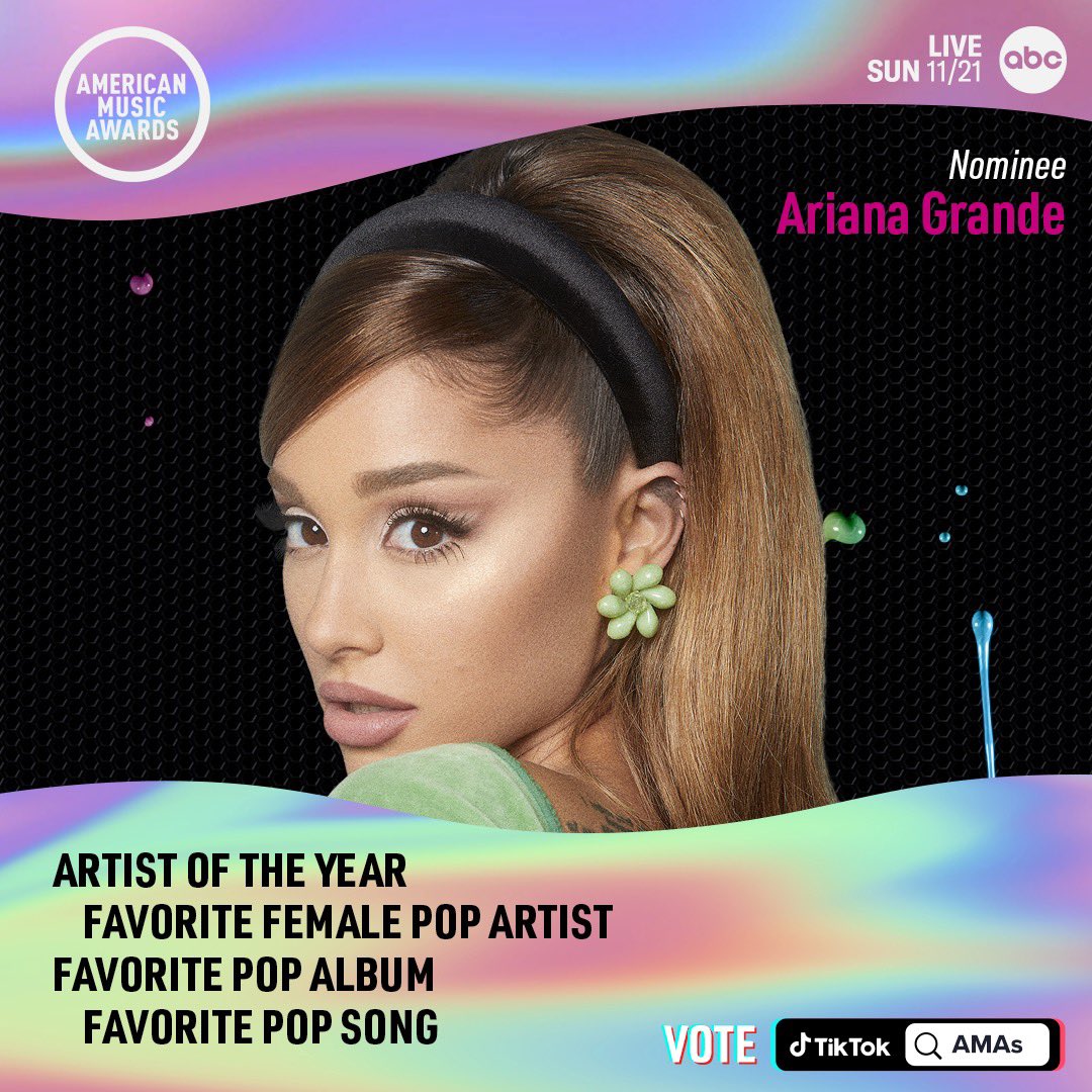 TeamAriana's tweet photo. .@ArianaGrande is nominated for 4 @AMAs! Vote now at https://t.co/LqCO0TGyZ8 or by searching “AMAs” on @tiktok_us #AMAs https://t.co/RBCK0rTdTL