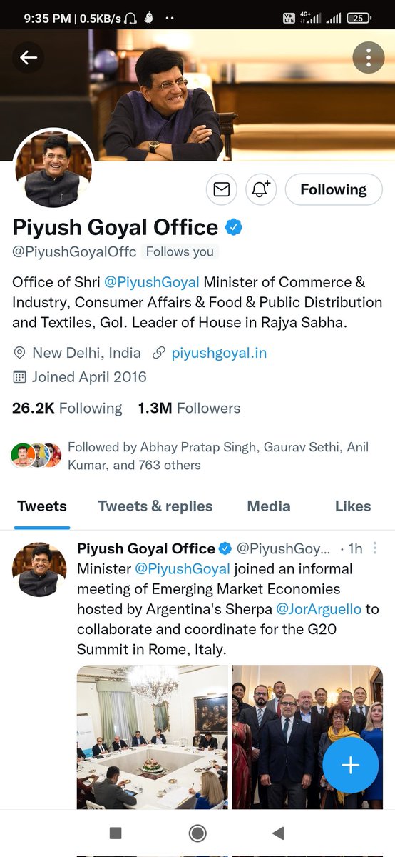 🙏जय श्री राम 🙏।आज मेरे लिए बहुत ही खुशी की अनुभूति दिन है, की <a href="/PiyushGoyaloffc/">Piyush Goyal Office</a> सर ,ने आशीर्वाद रूपी फोलो किया। बहुत बहुत बधाई सर।