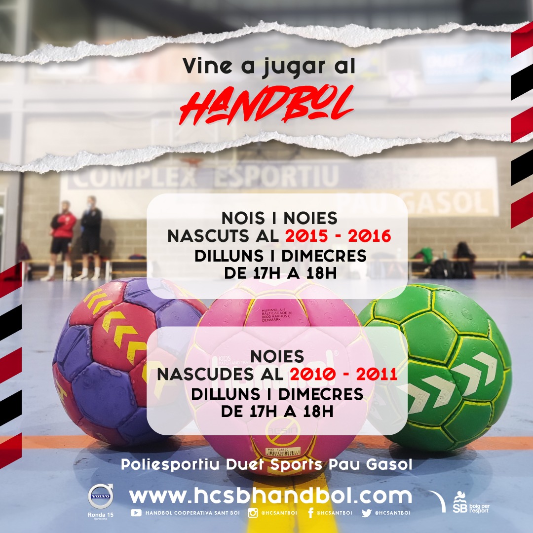 Handbol Cooperativa (@hcsantboi) on Twitter photo Vols jugar al handbol amb el Handbol Cooperativa Sant Boi? Busquem noies i noies nascuts al 2015 i 2016, i noies nascudes al 2010 i 2011! Demana més informació a hcsbhandbol@gmail.com
<a href="/AjSantBoi/">Ajuntament Sant Boi</a>
#VamosCoope #HCSB
🔴🔴🔴🔴🔴⚫⚫⚫⚫⚫ Vols jugar al handbol amb el Handbol Cooperativa Sant Boi? Busquem noies i noies nascuts al 2015 i 2016, i noies nascudes al 2010 i 2011! Demana més informació a hcsbhandbol@gmail.com
<a href="/AjSantBoi/">Ajuntament Sant Boi</a>
#VamosCoope #HCSB
🔴🔴🔴🔴🔴⚫⚫⚫⚫⚫