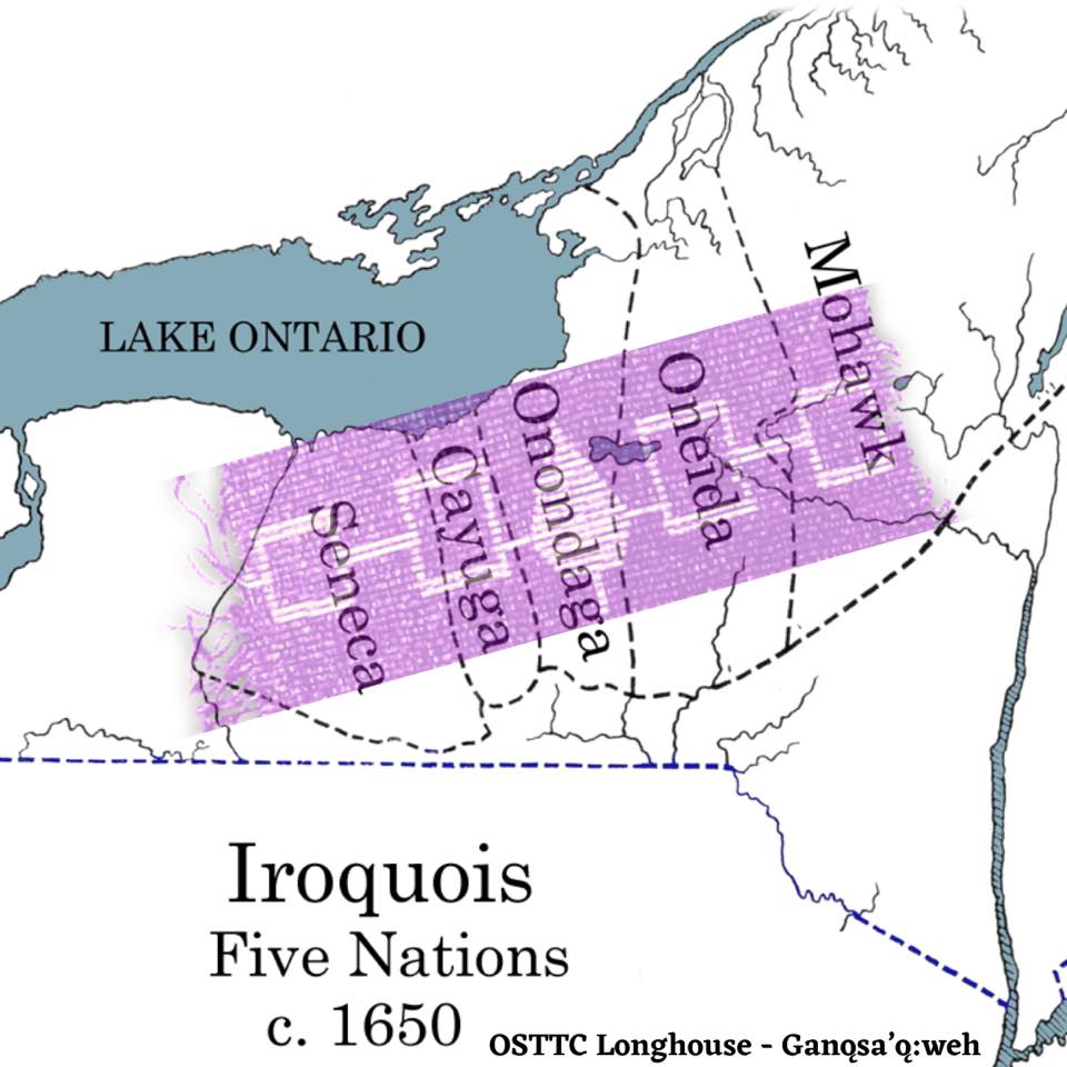 Via <a href="/osttc_longhouse/">Osttc- Longhouse Ganǫsa’ǫ:weh</a>:

DID YOU KNOW?

The Hiawatha wampum belt is a well-known trademark for representing the Haudenosaunee people.

It not only represents the League of 5 Nations coming together but it is also A MAP of the nation’s traditional territory layout!