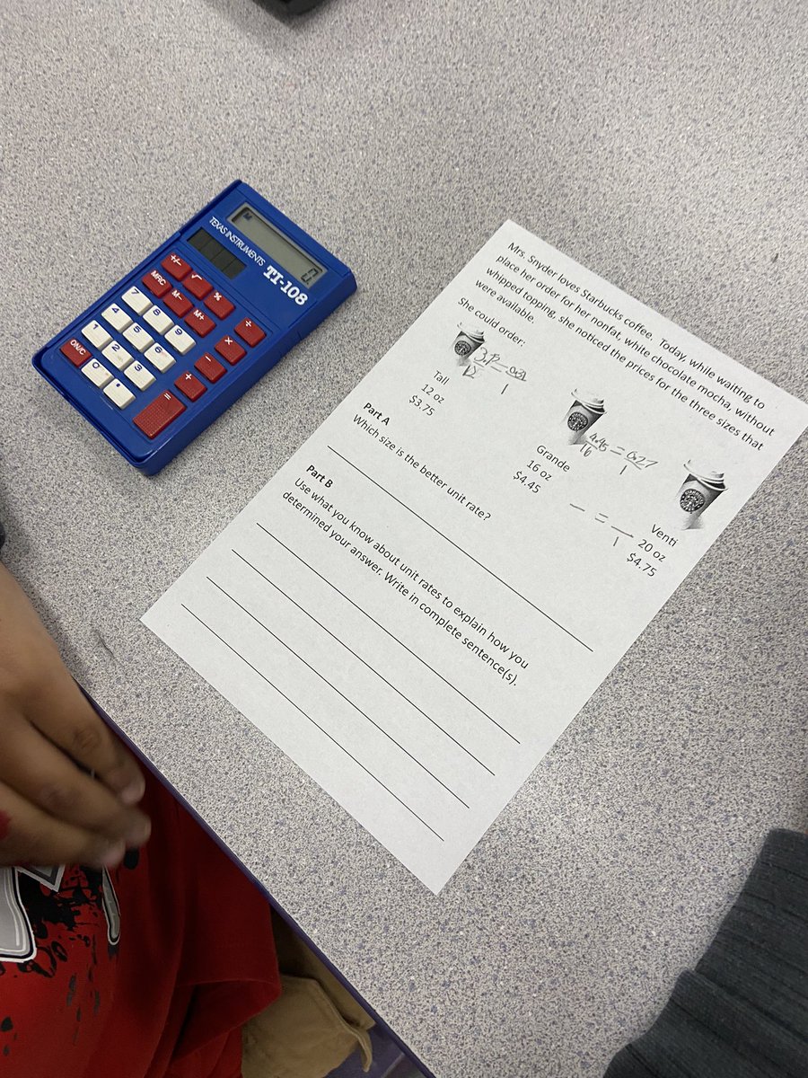 MrsBrownSWL's tweet photo. Using Think, Pair, Share to show how we use unit rates in our every day lives! Next time we go to Starbucks, we know how to find the best deal! #teamamazon @WRMSWolves https://t.co/agqLkWXn0l
