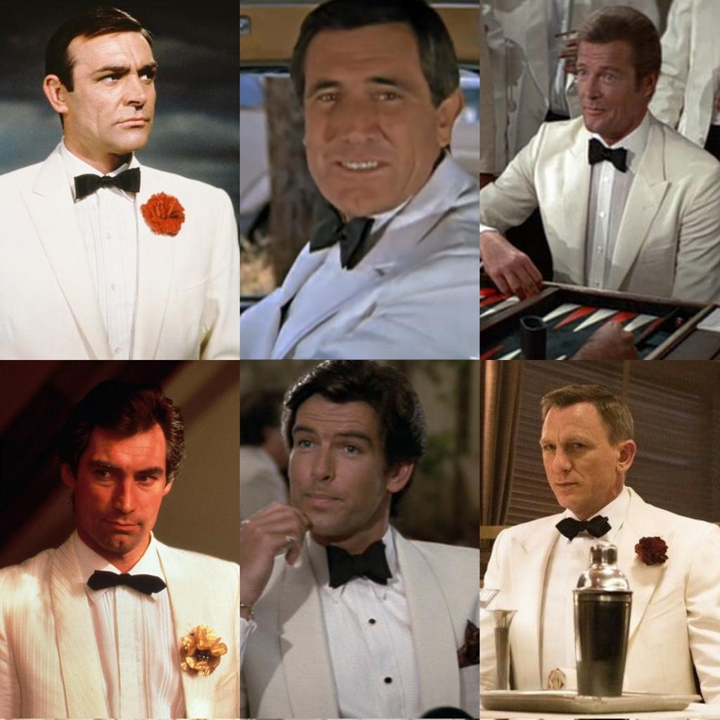 White tuxedos are better than black tuxedos. And yet, only three Bond actors while playing Bond. 

Tonight's sartorial inspirations...

#whitetuxedo #seanconnery #georgelazenby #rogermoore #timothydalton #piercebrosnan #danielcraig #bowtie #jamesbond