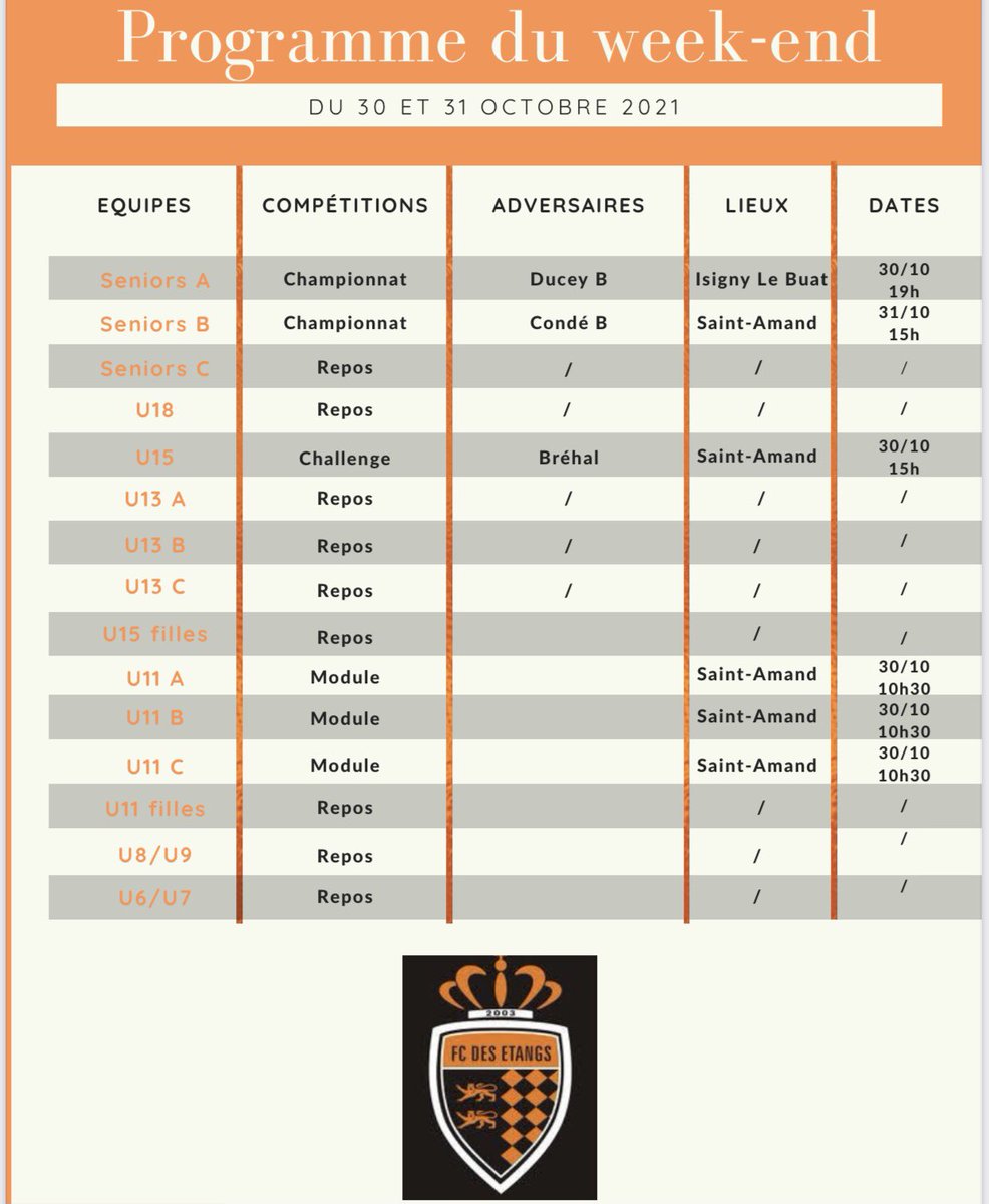 ⚽️PROGRAMME DU WEEK-END⚽️

L’affiche du week-end est sans aucun doute le derby entre le fc des étangs B et Condé B, qui en plus de cela, sont les 2 premières équipes du groupe⚔️