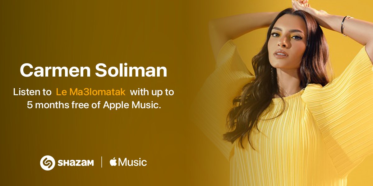 Shazam's tweet photo. Check out #LeMa3lomatak by @CarmenSoliman in Shazam to get up to 5 months free of @AppleMusic: https://t.co/jiTAD34tIO Terms apply. https://t.co/r8oosjGJuQ