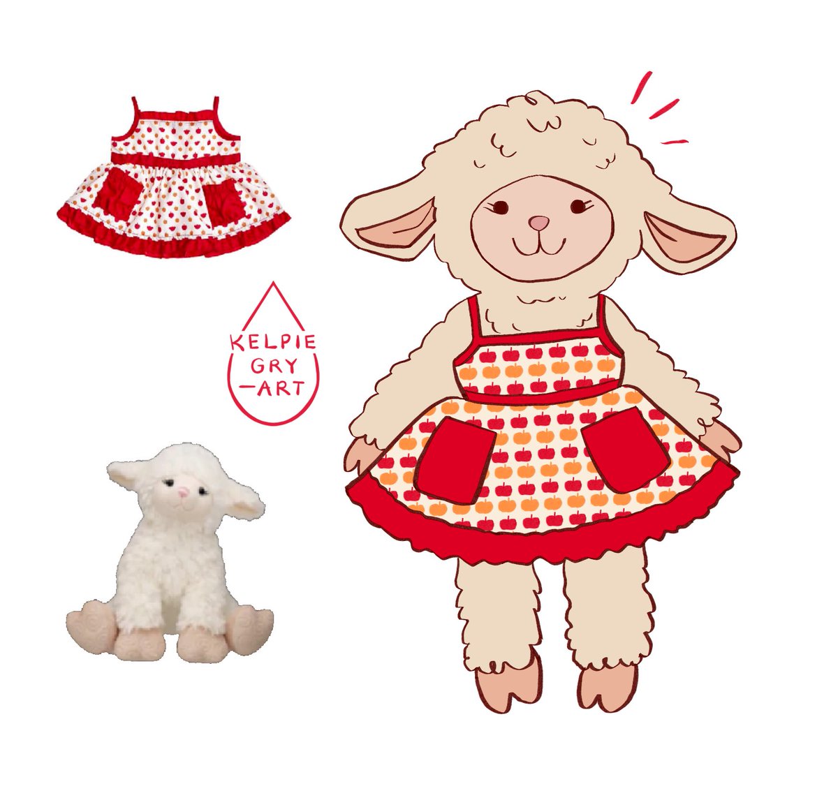 A little illustration of a build a bear stuffed toy. Reference images of said stuffed toy and the toy clothes it’s wearing are to it’s side. The stuffed toy is a white sheep with heart shaped cloven hooves. It’s wearing a white dress with red straps, belt, pockets and ruffles, printed with red and yellow apple shapes.