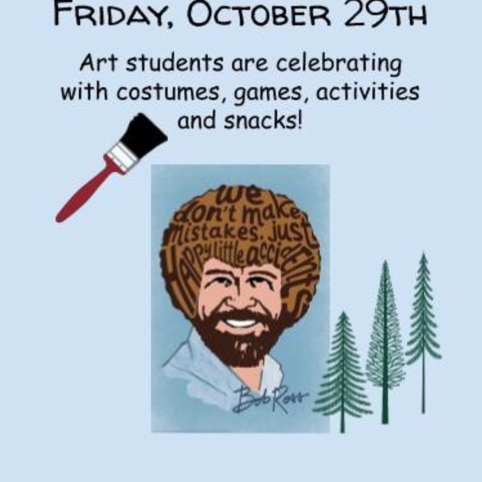 Don’t forget, our very first Bob Ross day is tomorrow! Get your hair puffed and your paint brushes ready.