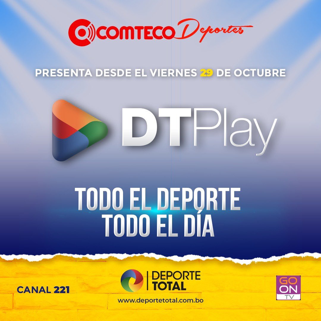 deportetotal_bo's tweet photo. ¿ESTAMOS EMOCIONADOS? ¡ESTAMOS EMOCIONADOS Y LISTOS!😬
A partir de este viernes saltamos a las pantallas de @comtecotv a través del Canal 221 y de la aplicación #GoOnTV. ➡️📺
La plataforma digital de #DeporteTotal llega a #Cochamabamba. ¡TODO EL DÍA, TODO EL DEPORTE! 🤟😎 https://t.co/nSRqYomaXb