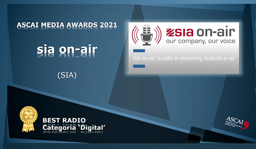 SIA_pressoffice's tweet photo. A #SIAOnAir, la web radio del Gruppo SIA, il premio #Ascai come #Best #Digital #Radio consegnato oggi a #Roma per aver tenuto uniti i dipendenti durante il lavoro a distanza, raggiungendo obiettivi di servizio ed #engagement con puntualità e grande qualità https://t.co/4rmikBaoOV https://t.co/zFfRvMkH7u