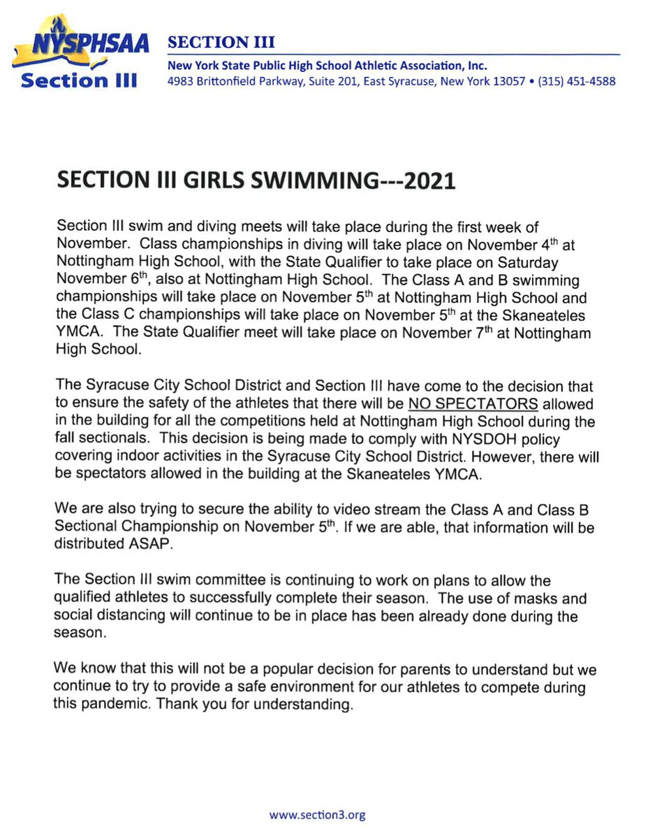 john_rathbun3's tweet photo. Sorry to report, but spectators will not be allowed to attend any #Section3 Sectional swim or diving championships at @NHamAthletics this fall as we make the appropriate safety adjustments for our students. https://t.co/IQ6NKQd0n8