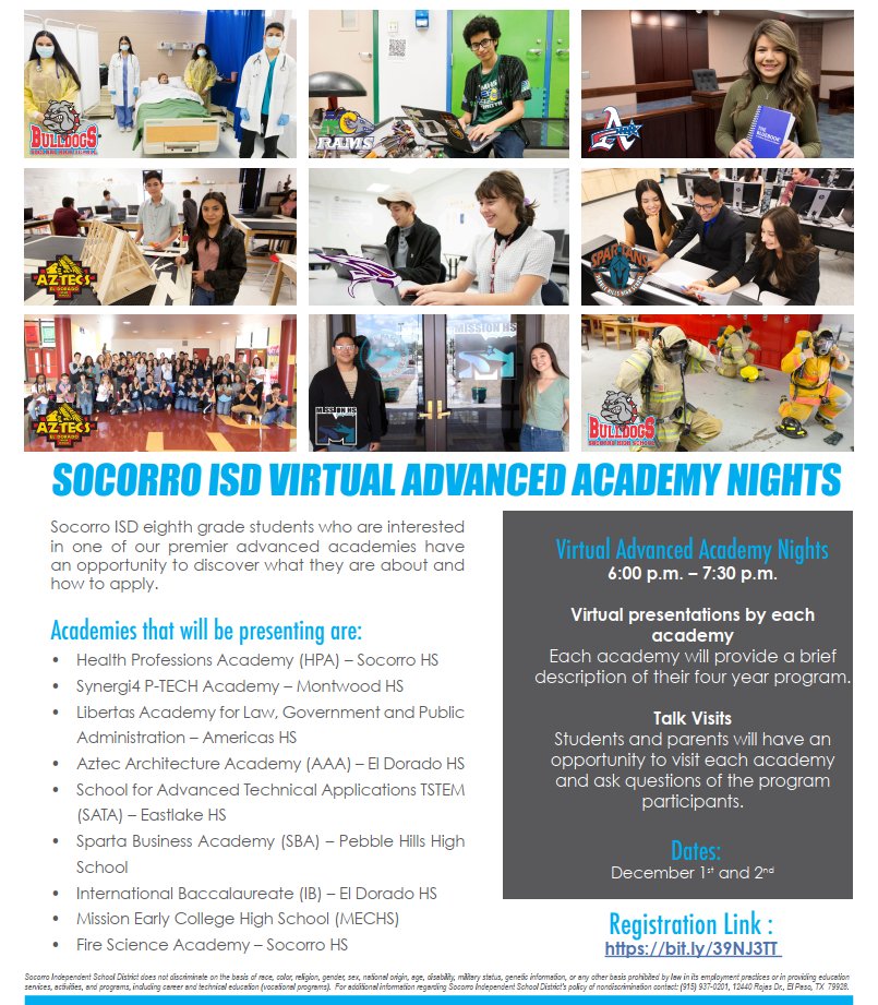 OWright_MHS's tweet photo. Attention Parents and Students: We have great opportunities to learn about various careers and @SocorroISD Advanced Academies. Please consider attending our Career Awareness Showcase (4th-8th grade students) and Virtual Advanced Academy Night (8th grade students). #TeamSISD https://t.co/ZT922q3Ym8