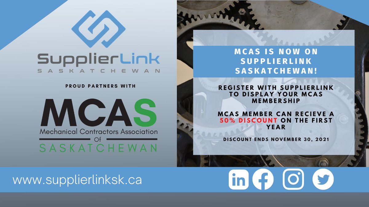 supplierlinkca's tweet photo. @mca_sask  is now a proud partner of SupplierLink Saskatchewan! 🎉 MCAS members can recieve a 50% off discount when they register for SupplierLink Saskatchewan! (Discount ends November 30th, 2021)  Register here: https://t.co/U50rx4RY5i https://t.co/FTUIxtlNf6