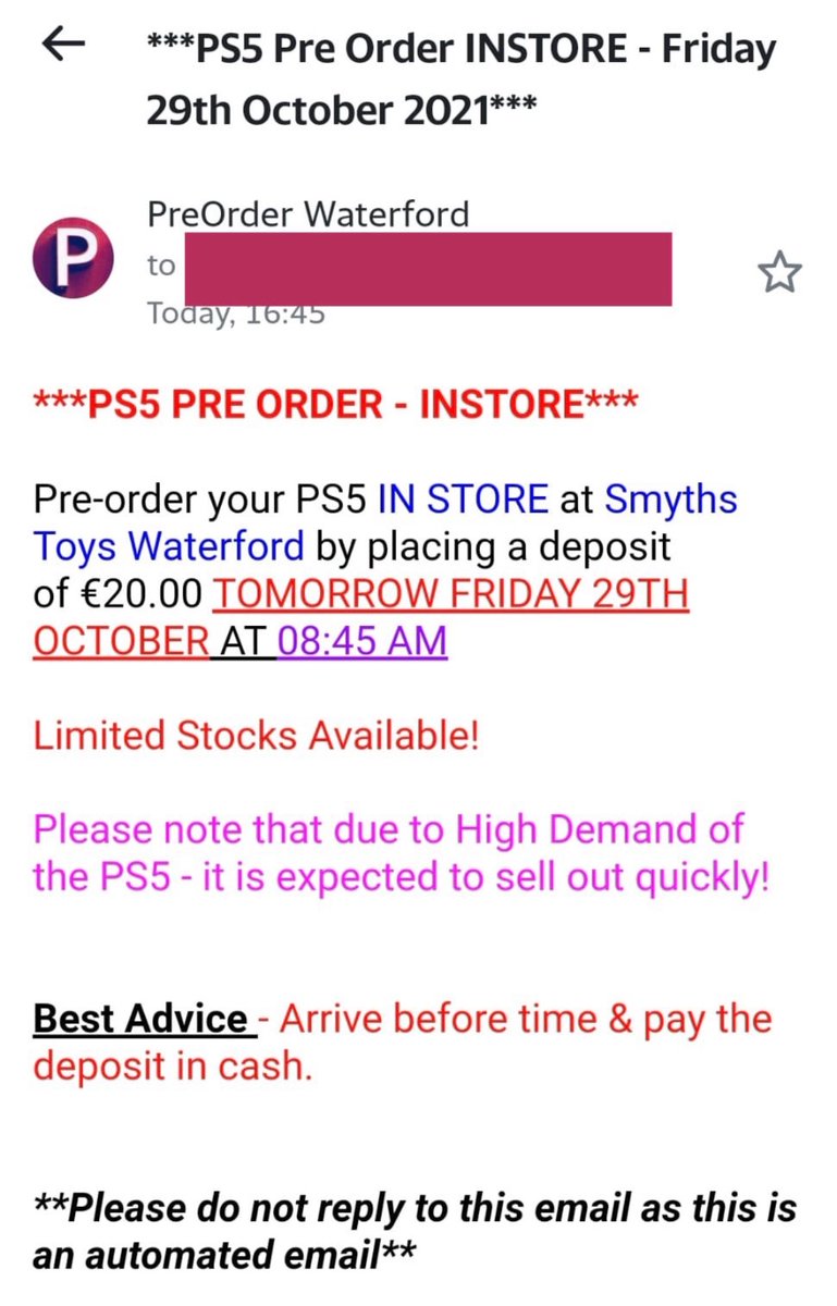 ps5_ireland's tweet photo. Hey lads! 😁

News reaching me is that Smyths are meant to drop tomorrow morning at 8am online! And then preorders in store as well!🧐

Please note that these are just rumours though, at least for now! This dodgy email was even received 👇 

I’ll be up from 7am in case they drop! https://t.co/M0iteuqoGi