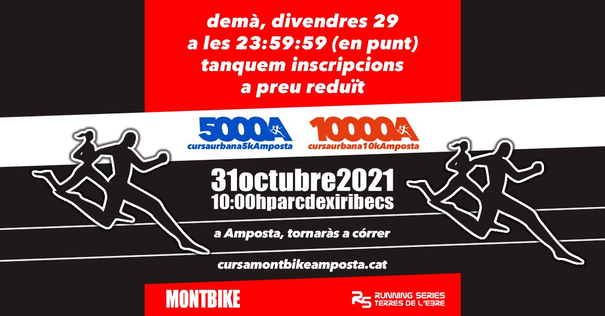 🔴Demà, 29 d'octubre tanquem inscripcions a preu reduït. 
🔴No t'encantes i inscriu-te abans no sigui tard
🔴montbike.org/cursamontbikea…
#Amposta #TerresdelEbre #running #runningSeriesEbre #cursa10k #cursa5K #10k #5k