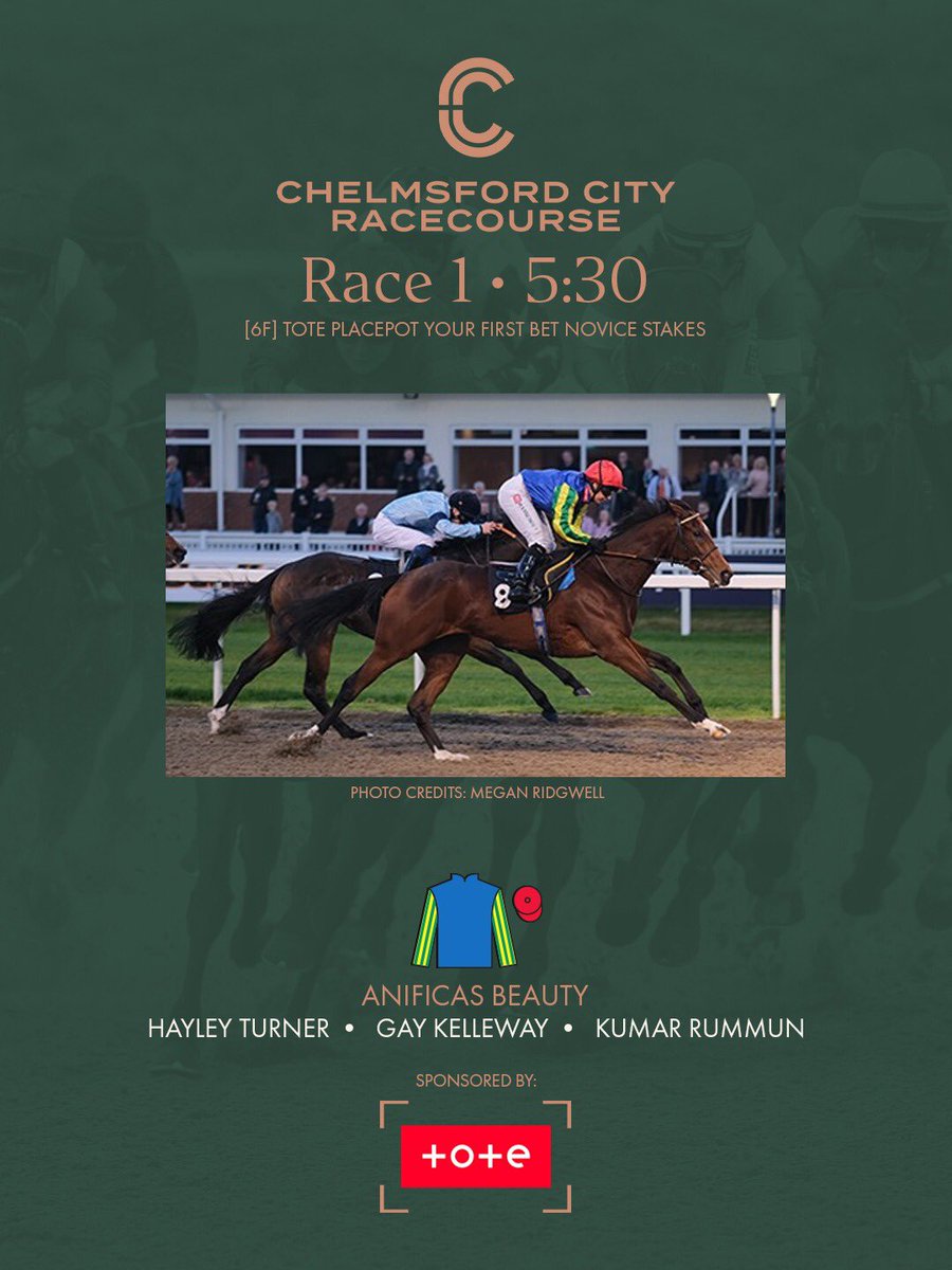 ChelmsfordCRC's tweet photo. 5:30pm Result: Congratulations to Anificas Beauty who wins the "tote Placepot Your First Bet Novice Stakes" (T) Gay Kellaway (J) Hayley Turner (O) Kumar Rummun

1️⃣ Anificas Beauty 14/1
2️⃣ Brides Bay 9/4
3️⃣ Dynamic Force 4/7F https://t.co/dSllS8Kt0U