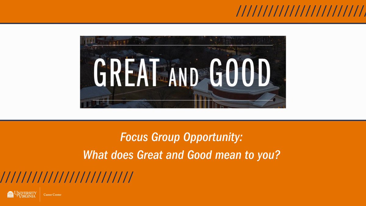 UVA Students! What does Great and Good mean to you?  
Participate in a focus group to explore how these values fit into your college and post college goals. Help build a program to support student led community impact. Find out more:
career.virginia.edu/blog/2021/10/u…
