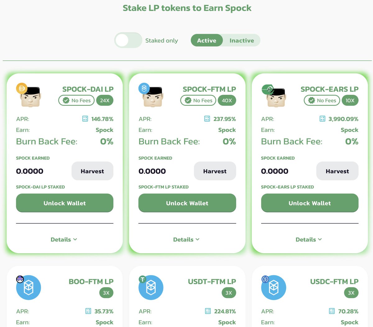 BORGSWAP.Exchange - Spock Yield Farm on #Fantom Update:
* $SPOCK x $EARS - 3990.09% APR
* $SPOCK x $FTM - 237.95% APR

Loop your $SPOCK gains by earning $EARS in the Ferengi Vaults:
ftm-vaults.borgswap.exchange

Earn More on #Fantom:
spockftm.borgswap.exchange/Farms