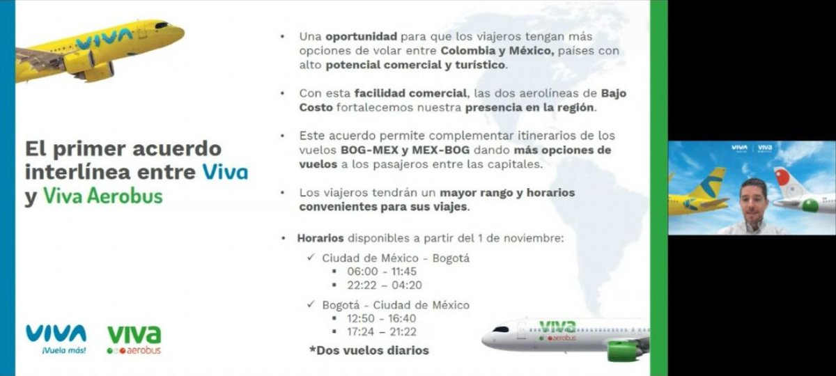 VivaAerobus's tweet photo. 🇲🇽🇨🇴 ¡Hoy celebramos nuestro acuerdo interlínea con @VivaAirCol! Este convenio permitirá a nuestros pasajeros aprovechar los itinerarios de cualquiera de las dos aerolíneas en la ruta Ciudad de México - Bogotá a partir del 1 noviembre, para seguir conectándote. ✈️#VivaAColombia https://t.co/RQ9d8kUuMu