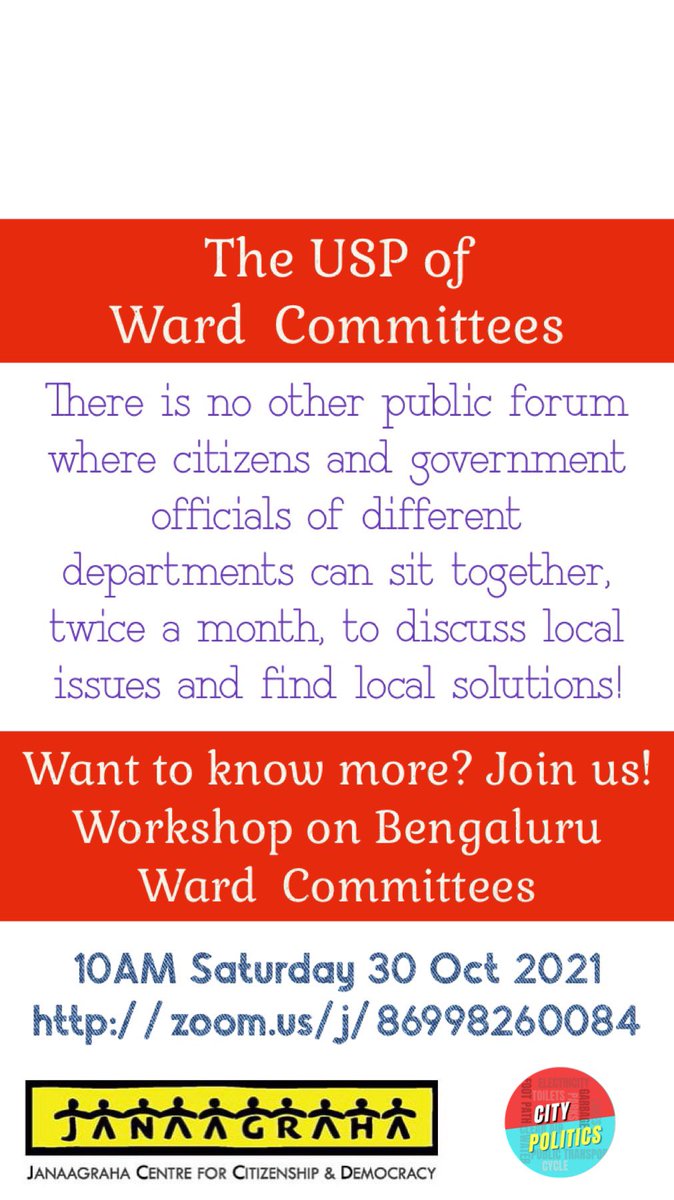 srinualavilli's tweet photo. We may have bad roads and potholes. We may have broken footpaths and stinky public toilets. But, we also have ward committees! A unique forum for citizens to help fix things. Join us to know more! 10AM Sat 30th Oct https://t.co/NEVV9RpOEc #BBMP #WardCommittees https://t.co/WzRCXTp6W5