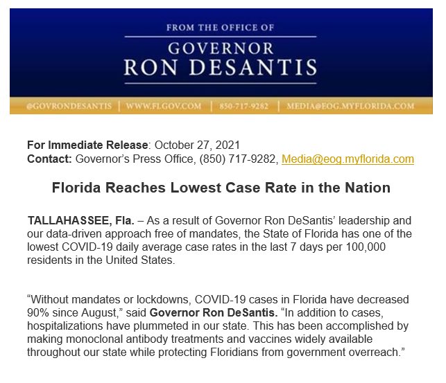 BlackLabelAdvsr's tweet photo. Florida just reached the lowest Covid case rate in the country.  Zero mandates.  100% freedom.  God bless Florida! https://t.co/OL765itrfN