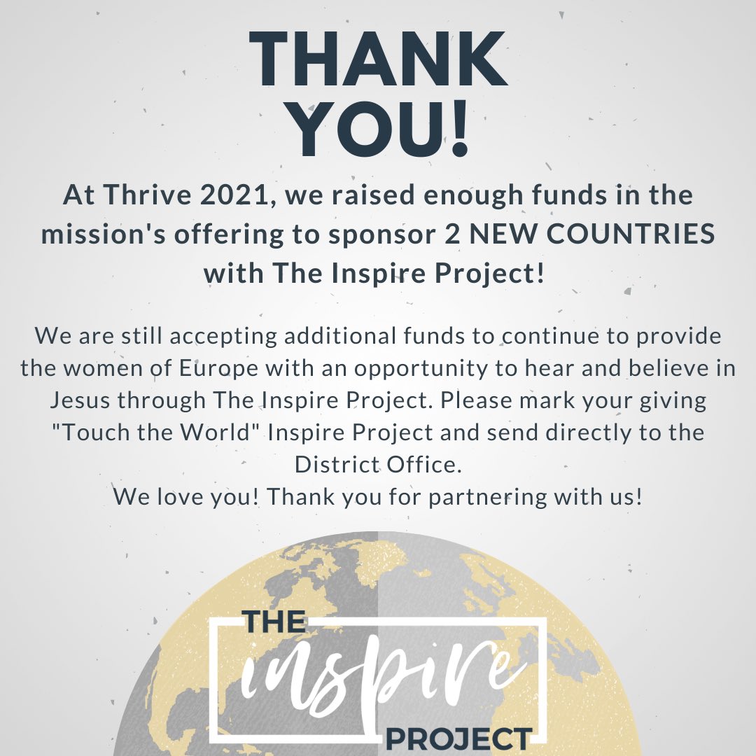 PFDCWomen's tweet photo. At Thrive 2021, we raised enough funds to sponsor TWO NEW COUNTRIES! 

If you’d like to support The Inspire Project, you can learn more at https://t.co/s3G14gsxjr but be sure to give through the District and mark it “Touch the World- Inspire Project.” Thank you! ♥️ https://t.co/v8oR2e4uGt
