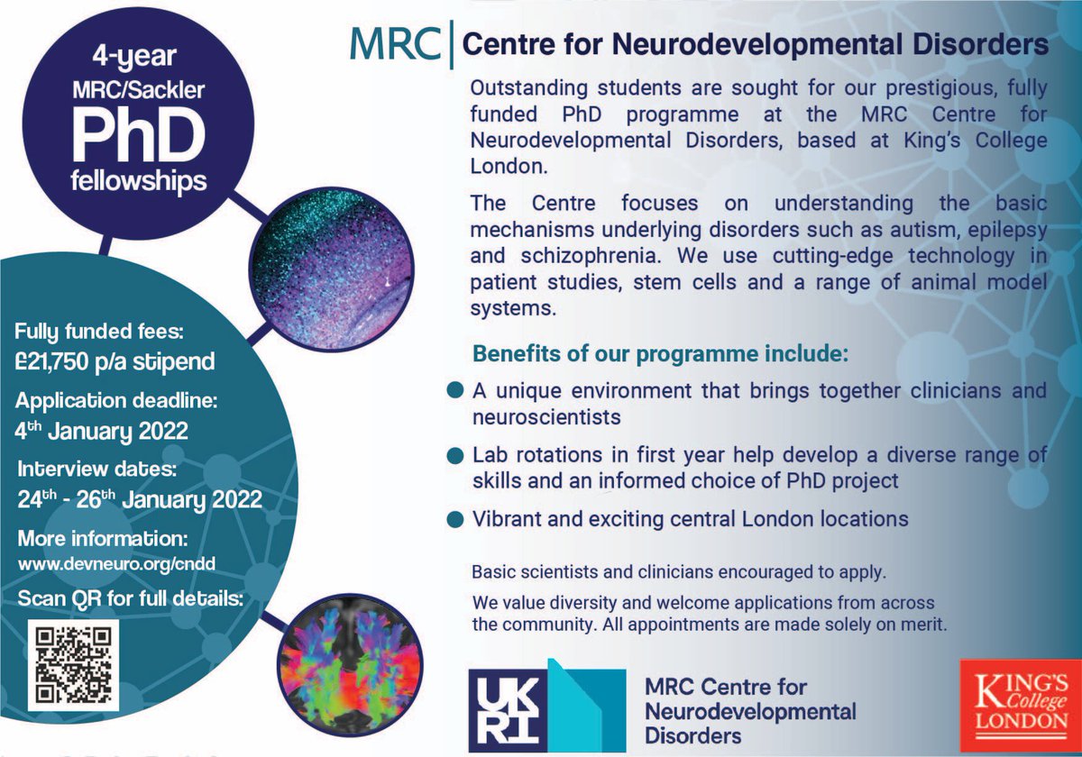 Applications now open for fully funded, enhanced stipend💰@The_MRC funded, 1+3 #PhD programme in #neurodevelopmental disorders #neuroscience @MRC_CNDD! Deadline Jan 4th, 2022. UK, EU & international applicants eligible. Please RT!
kcl.ac.uk/ioppn/study/re…