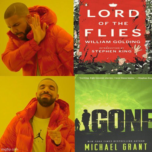 jamajesticgoose's tweet photo. I’m gonna go ahead and say that Lord of the Flies is a dull read. People should still read it if they want, but I would much rather recommend Gone—same sort of premise, but without choir boys, and also super powers. https://t.co/Ghk3VKglV1