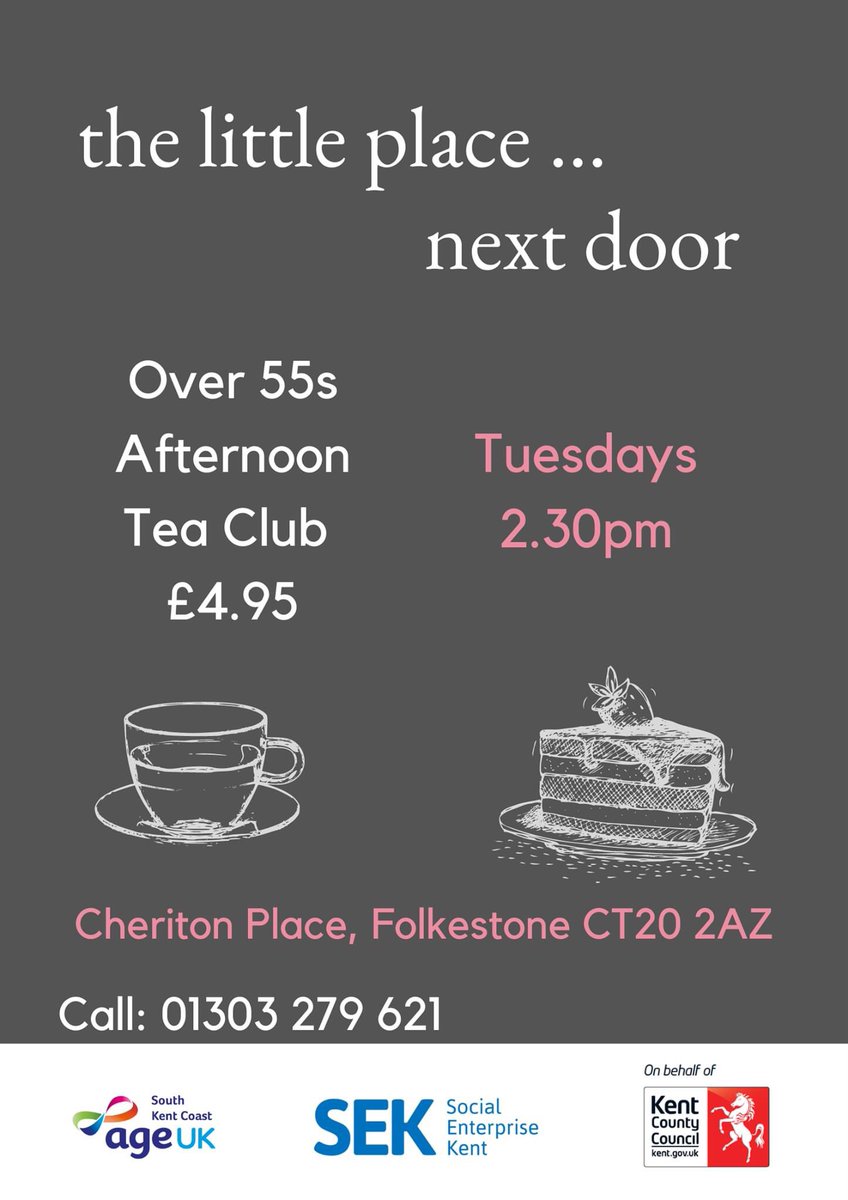 ageukskc's tweet photo. NEW FOR FOLKESTONE: Over 55s Afternoon Tea Club - sandwich, homemade cake, cream scone and hot drink for just £4.95! Tuesdays 2.30pm - starts 09/11/2021 - please RT #folkestone https://t.co/IaNp4iX7om
