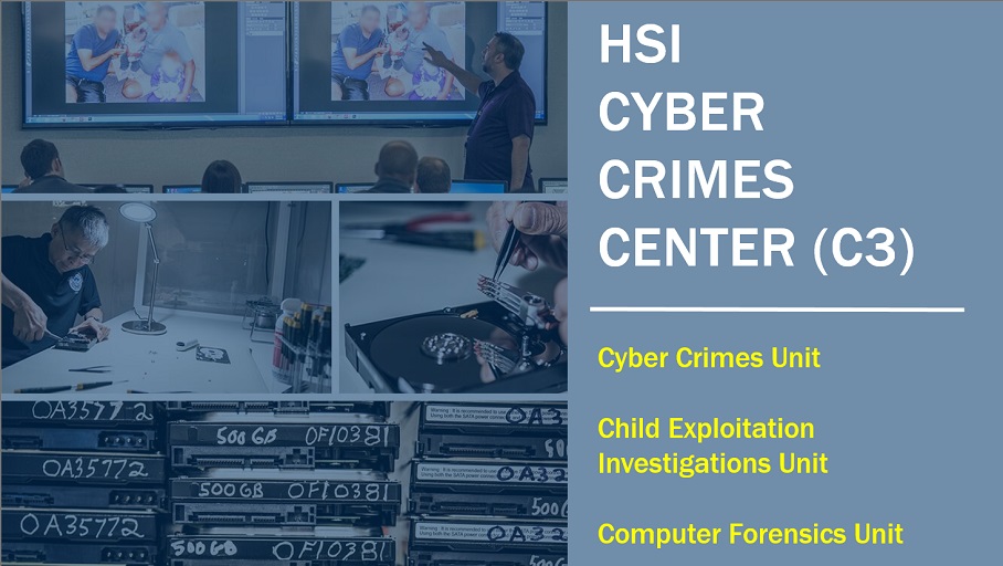 ICEgov's tweet photo. @DHSBlueCampaign (1/2) A1 ICE’s #HSI Cyber Crimes Center supports domestic &amp; international investigations into cyber-related criminal activity. C3 has three operational units: Cyber Crimes, Child Exploitation Investigations, and Computer Forensics. Learn more:  https://t.co/lqXOcZH1ww https://t.co/b8BOm17ybE