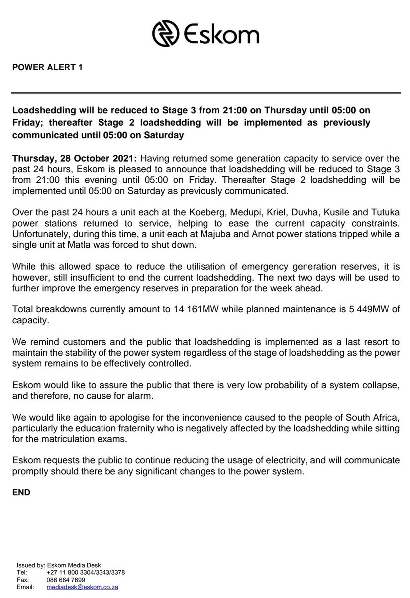 Eskom_SA's tweet photo. #POWERALERT1

Loadshedding will be reduced to Stage 3 from 21:00 on Thursday until 05:00 on Friday; thereafter Stage 2 loadshedding will be implemented as previously 
communicated until 05:00 on Saturday https://t.co/Mta1XRFt6m