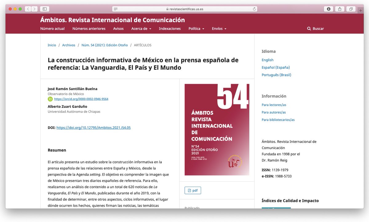 #OrgulloUNACH | Recientemente, la revista Ámbitos publicó “La construcción informativa de México en la prensa española de referencia: La Vanguardia, El País y El Mundo”, artículo de Alberto Zuart, investigador de casa, y José R. Santillán. Descárgalo desde tinyurl.com/3t63vw9b